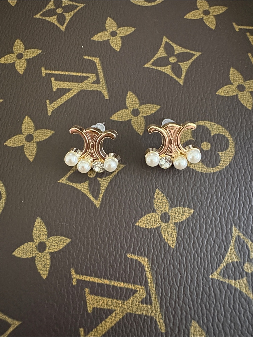 Gold-Tone Faux Pearl & Crystal Like Accent Stud Earrings